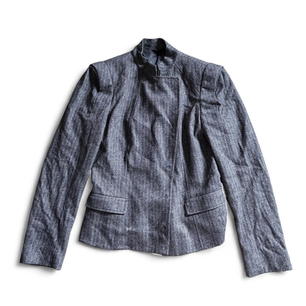 Vintage Elie Tahari Herringbone Wool Cashmere Mandarin Military Blazer